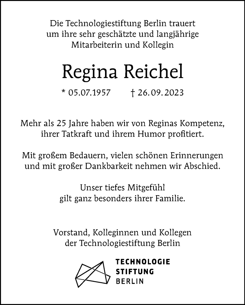  Traueranzeige für Regina Reichel vom 15.10.2023 aus Tagesspiegel