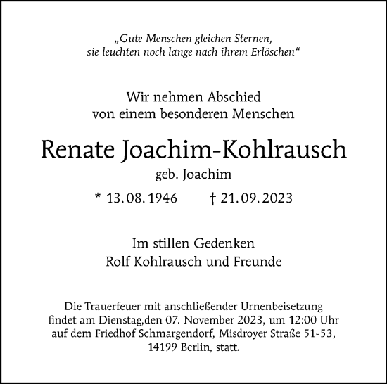 Traueranzeige von Renate Joachim-Kohlrausch von Tagesspiegel
