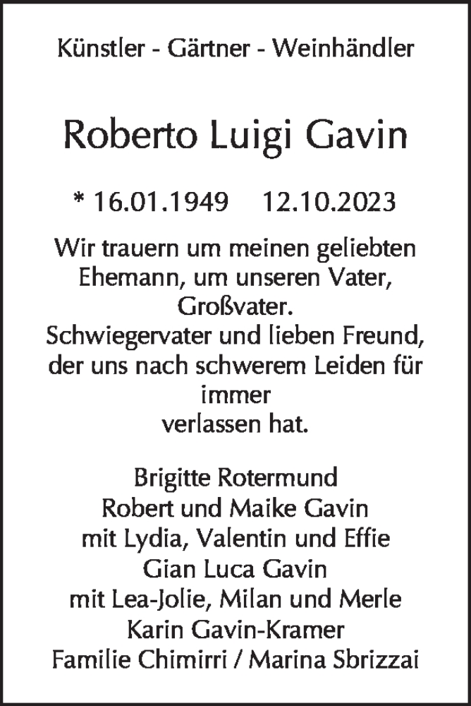  Traueranzeige für Roberto Luigi Gavin vom 22.10.2023 aus Tagesspiegel
