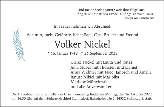 Traueranzeige von Volker Nickel von Tagesspiegel