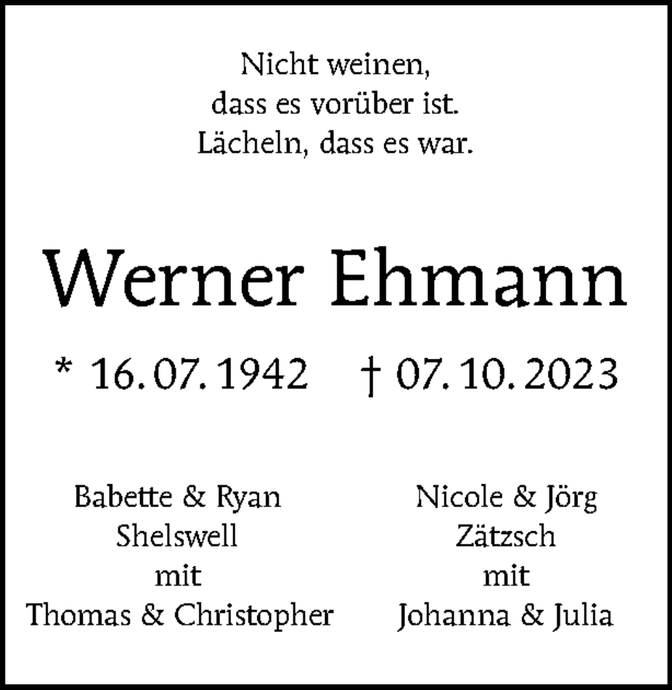  Traueranzeige für Werner Ehmann vom 15.10.2023 aus Tagesspiegel