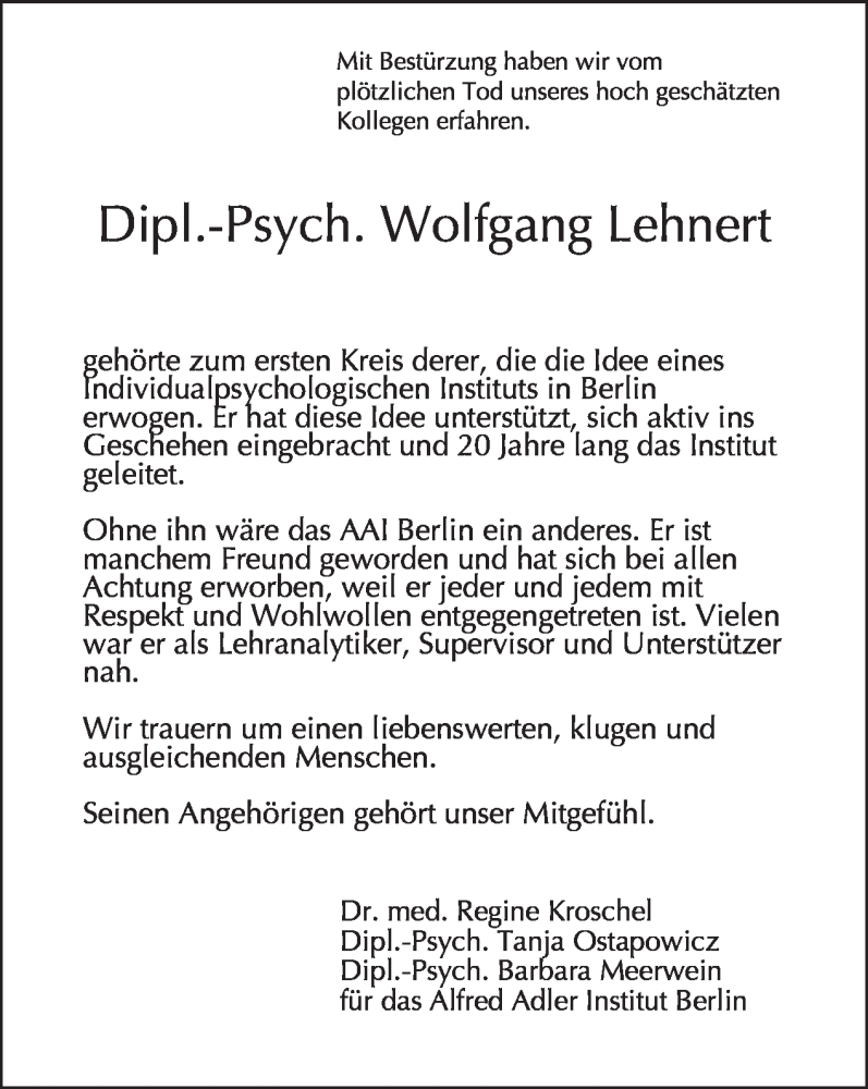  Traueranzeige für Wolfgang Lehnert vom 29.10.2023 aus Tagesspiegel