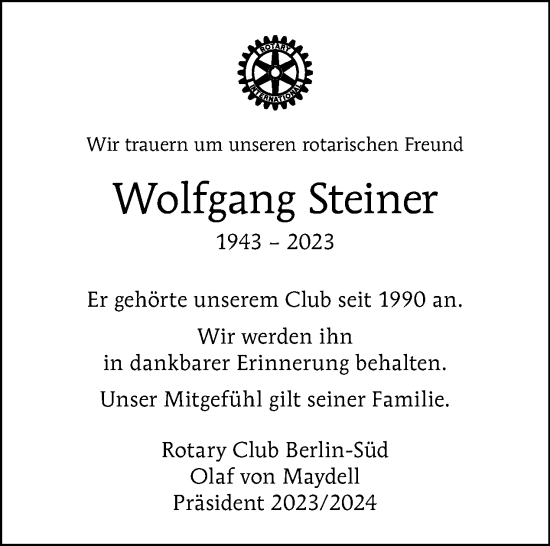 Traueranzeige von Wolfgang Steiner von Tagesspiegel