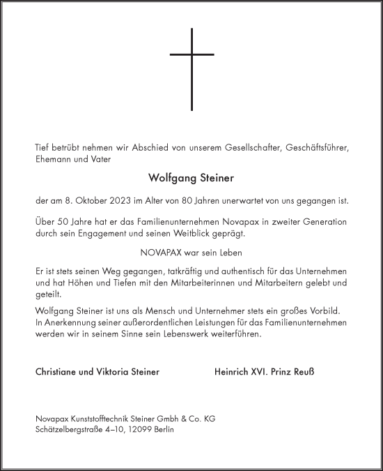 Traueranzeige von Wolfgang Steiner von Tagesspiegel