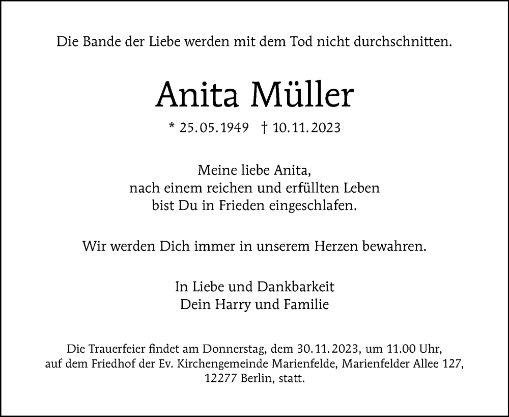  Traueranzeige für Anita Müller vom 19.11.2023 aus Tagesspiegel