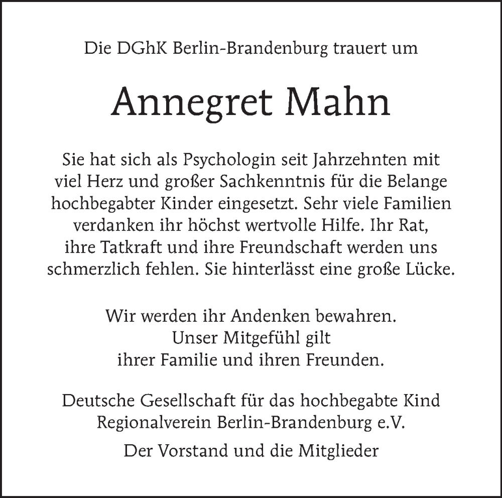  Traueranzeige für Annegret Mahn vom 12.11.2023 aus Tagesspiegel