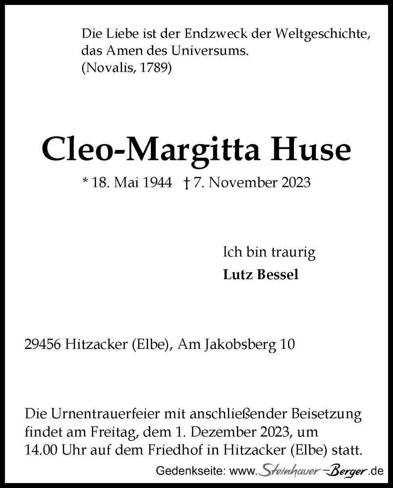  Traueranzeige für Cleo-Margitta Huse vom 19.11.2023 aus Tagesspiegel
