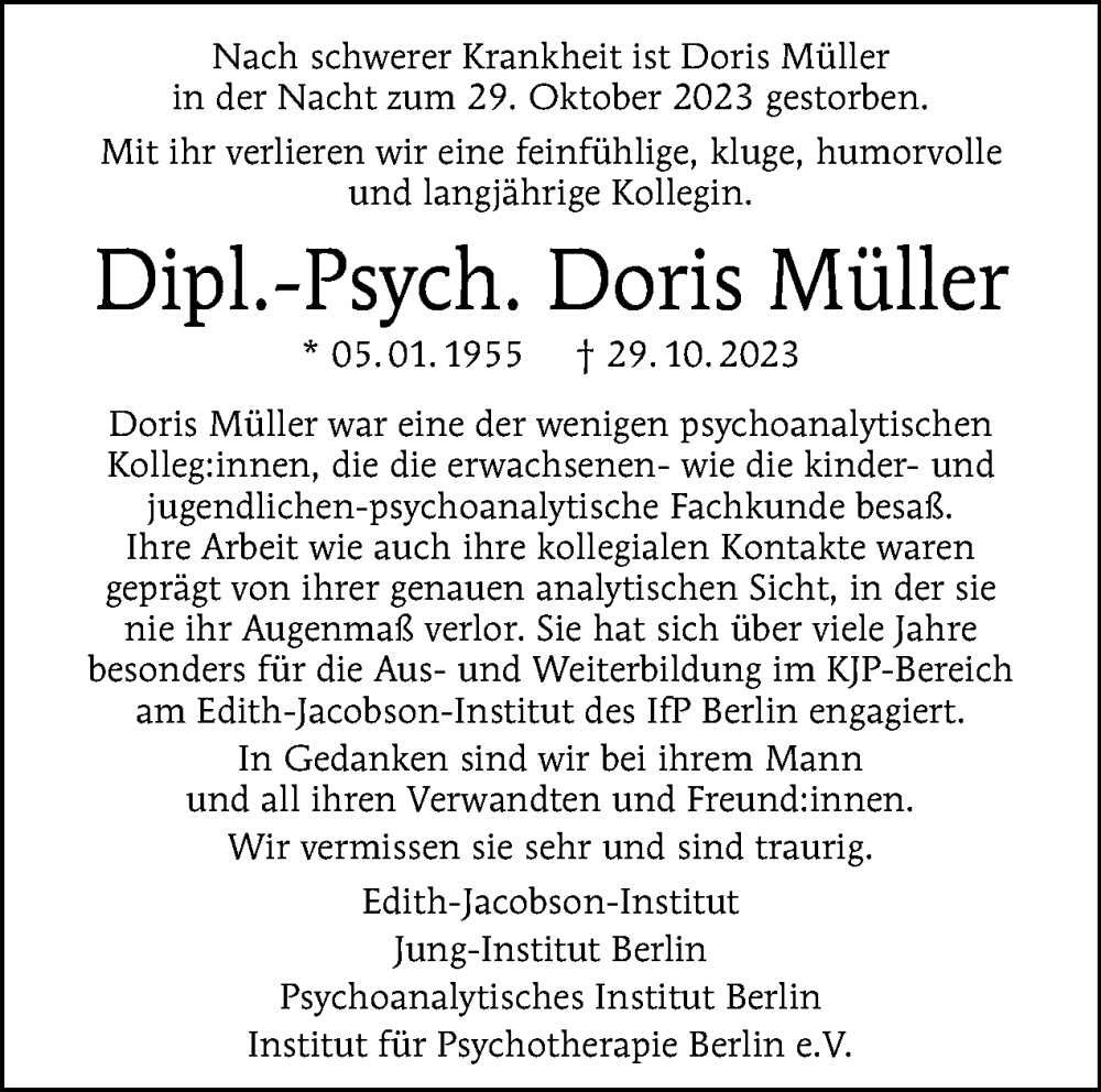  Traueranzeige für Doris Müller vom 05.11.2023 aus Tagesspiegel