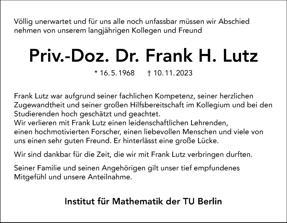  Traueranzeige für Frank H. Lutz vom 19.11.2023 aus Tagesspiegel