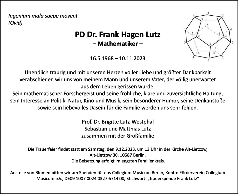  Traueranzeige für Frank Hagen Lutz vom 19.11.2023 aus Tagesspiegel
