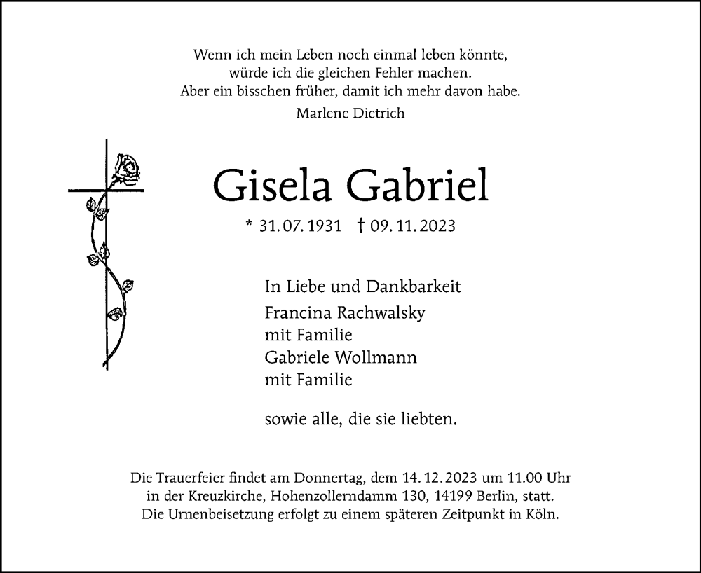  Traueranzeige für Gisela Gabriel vom 19.11.2023 aus Tagesspiegel