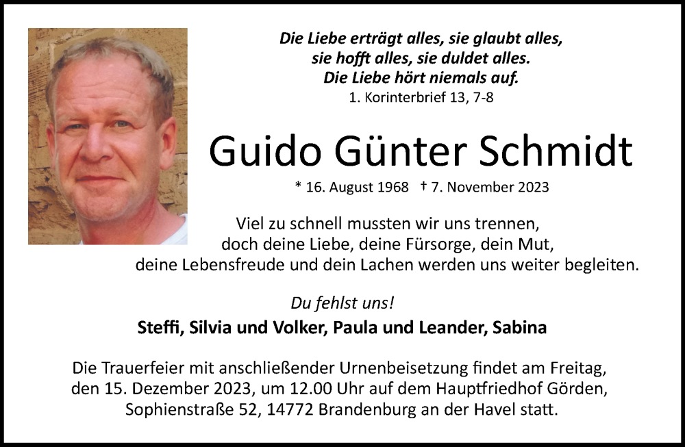  Traueranzeige für Guido Günter Schmidt vom 19.11.2023 aus Tagesspiegel