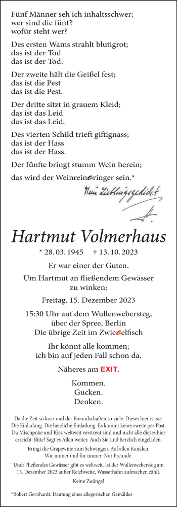  Traueranzeige für Hartmut Volmerhaus vom 19.11.2023 aus Tagesspiegel