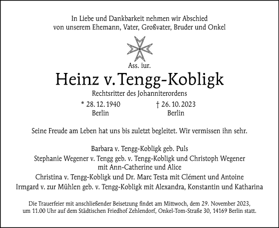 Traueranzeige von Heinz v. Tengg-Kobligk von Tagesspiegel