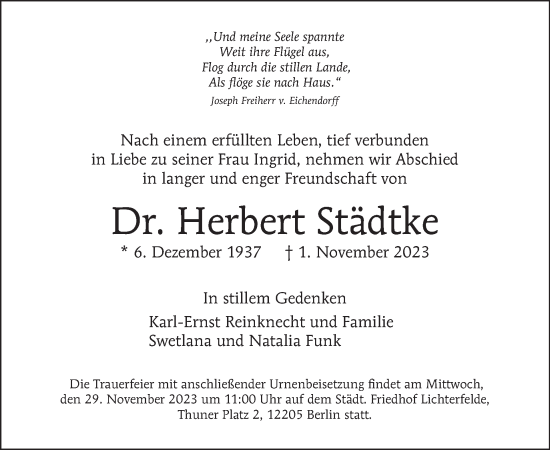 Traueranzeige von Herbert Städtke von Tagesspiegel