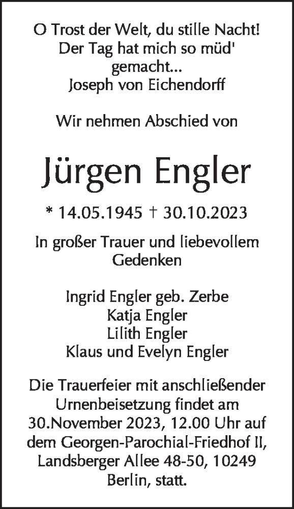  Traueranzeige für Jürgen Engler vom 12.11.2023 aus Tagesspiegel
