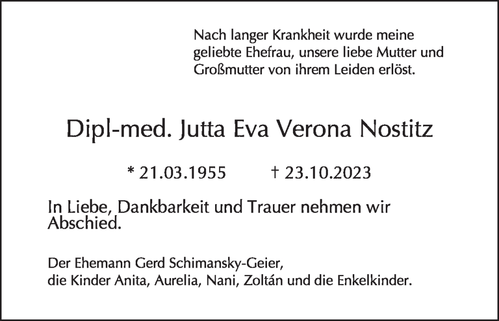  Traueranzeige für Jutta  Nostitz vom 05.11.2023 aus Tagesspiegel
