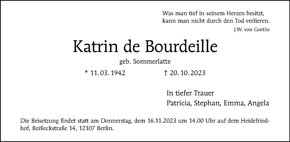  Traueranzeige für Katrin de Bourdeille vom 12.11.2023 aus Tagesspiegel