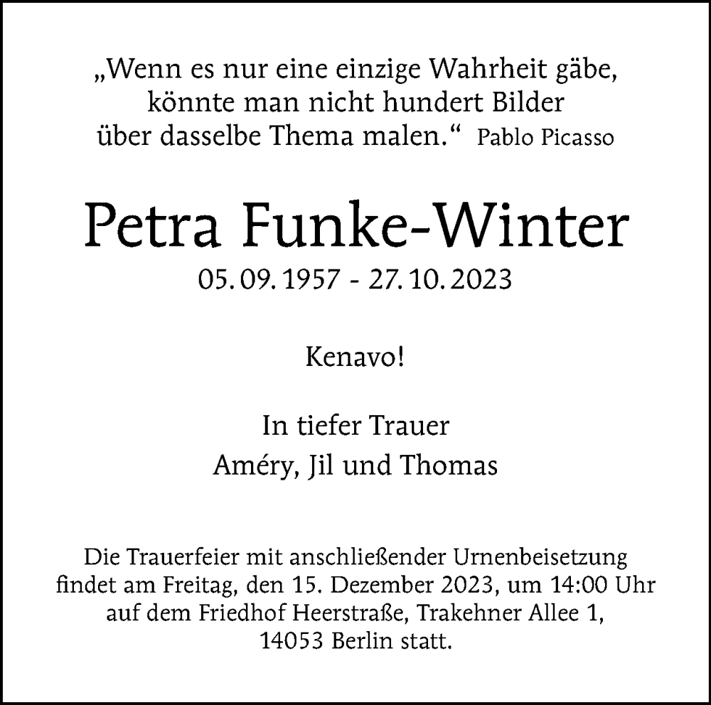  Traueranzeige für Petra Funke-Winter vom 19.11.2023 aus Tagesspiegel