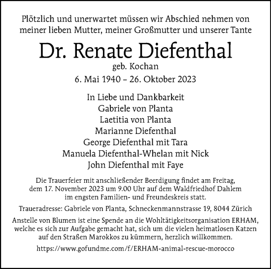 Traueranzeige von Renate Diefenthal von Tagesspiegel