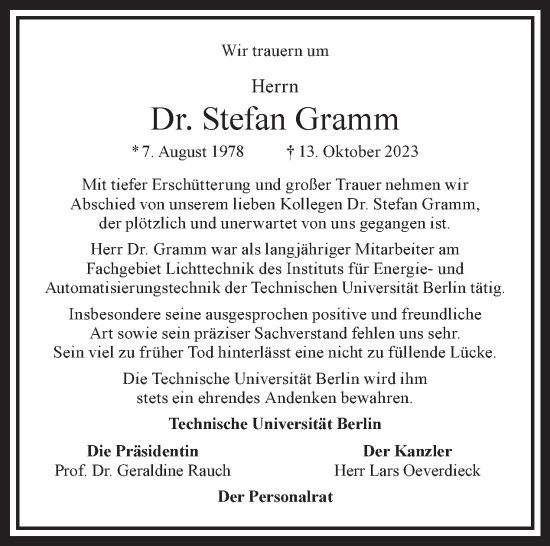 Traueranzeige von Stefan Gramm von Tagesspiegel