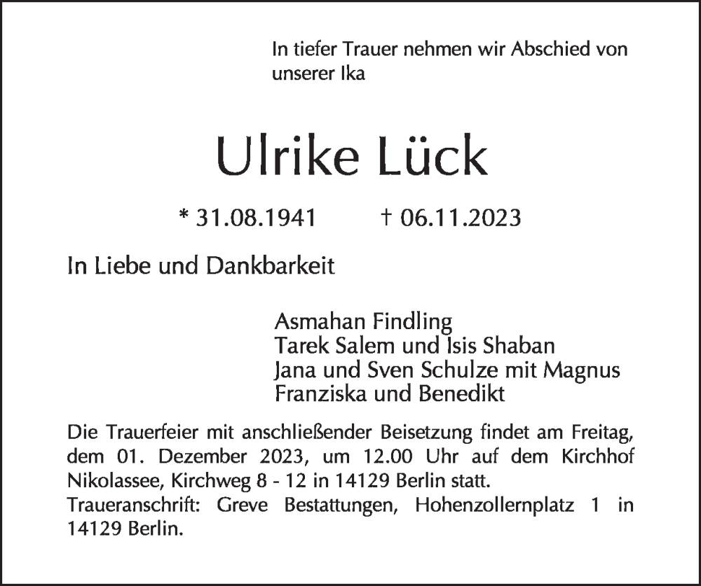  Traueranzeige für Ulrike Lück vom 19.11.2023 aus Tagesspiegel