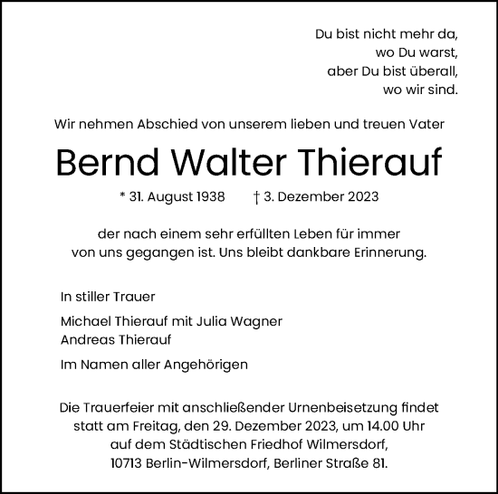 Traueranzeige von Bernd Walter Thierauf von Tagesspiegel