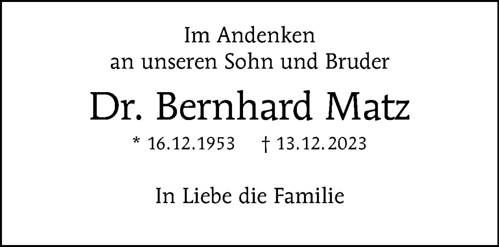  Traueranzeige für Bernhard Matz vom 31.12.2023 aus Tagesspiegel