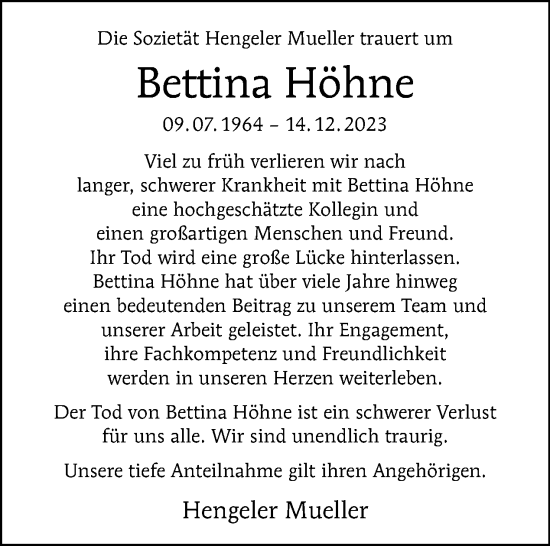 Traueranzeige von Bettina Höhne von Tagesspiegel