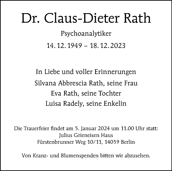 Traueranzeige von Claus-Dieter Rath von Tagesspiegel