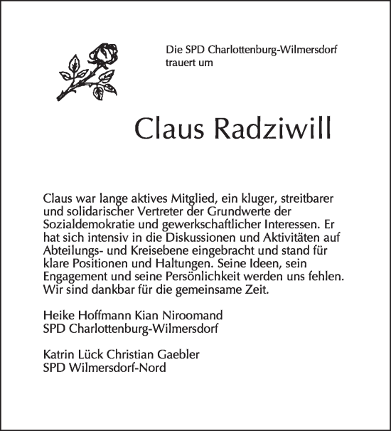 Traueranzeige von Claus Radziwill von Tagesspiegel
