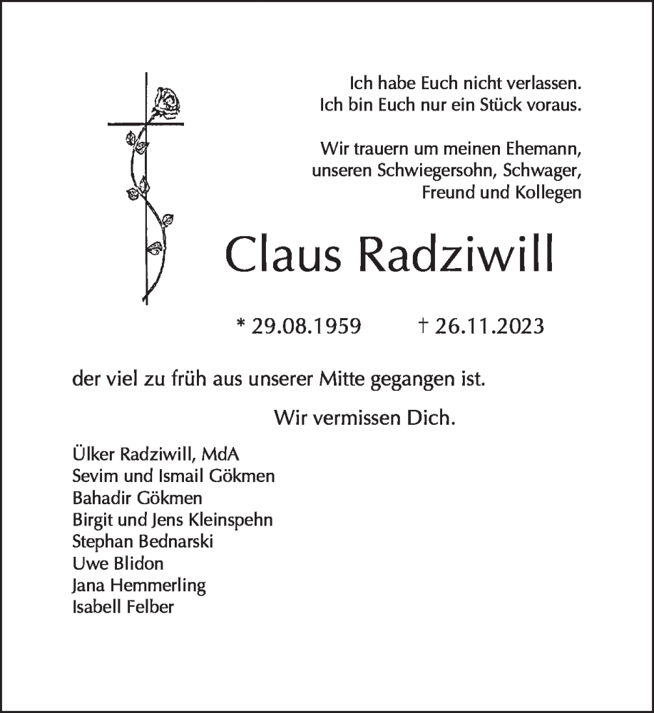  Traueranzeige für Claus Radziwill vom 10.12.2023 aus Tagesspiegel