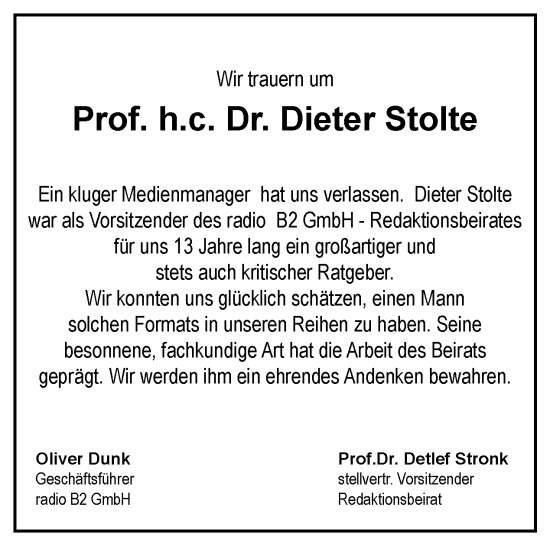 Traueranzeige von Dieter Stolte von Tagesspiegel
