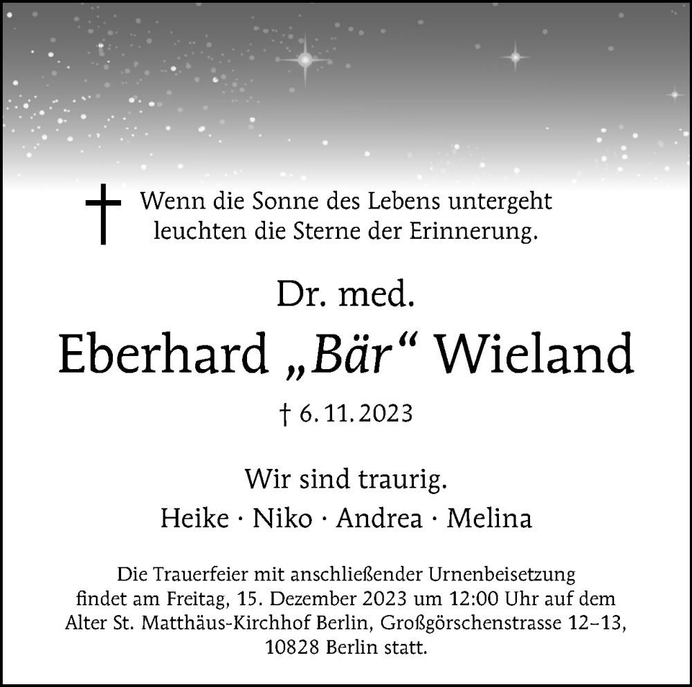  Traueranzeige für Eberhard Wieland vom 10.12.2023 aus Tagesspiegel