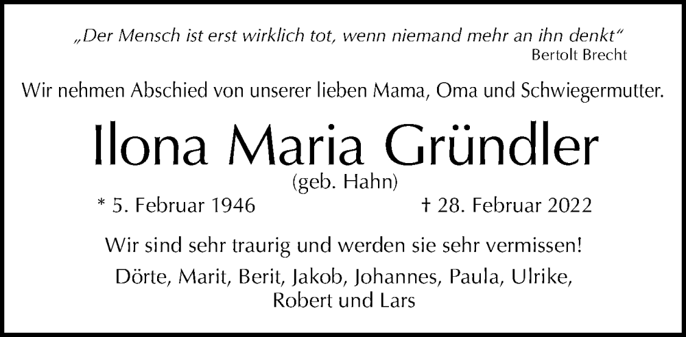  Traueranzeige für Ilona Maria Gründler vom 06.03.2022 aus Tagesspiegel