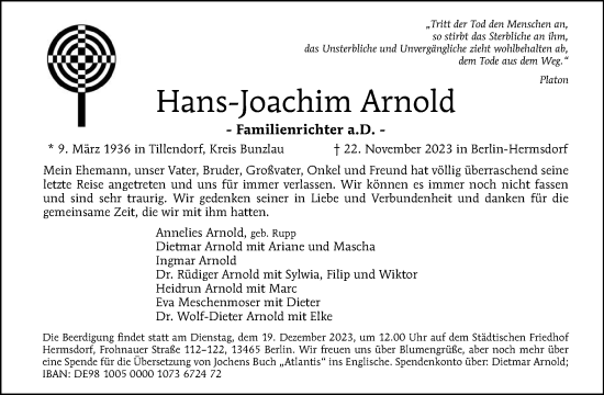 Traueranzeige von Hans-Joachim Arnold von Tagesspiegel