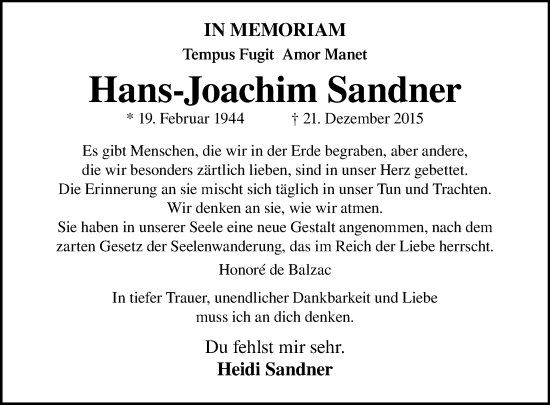 Traueranzeige von Hans-Joachim Sandner von Tagesspiegel