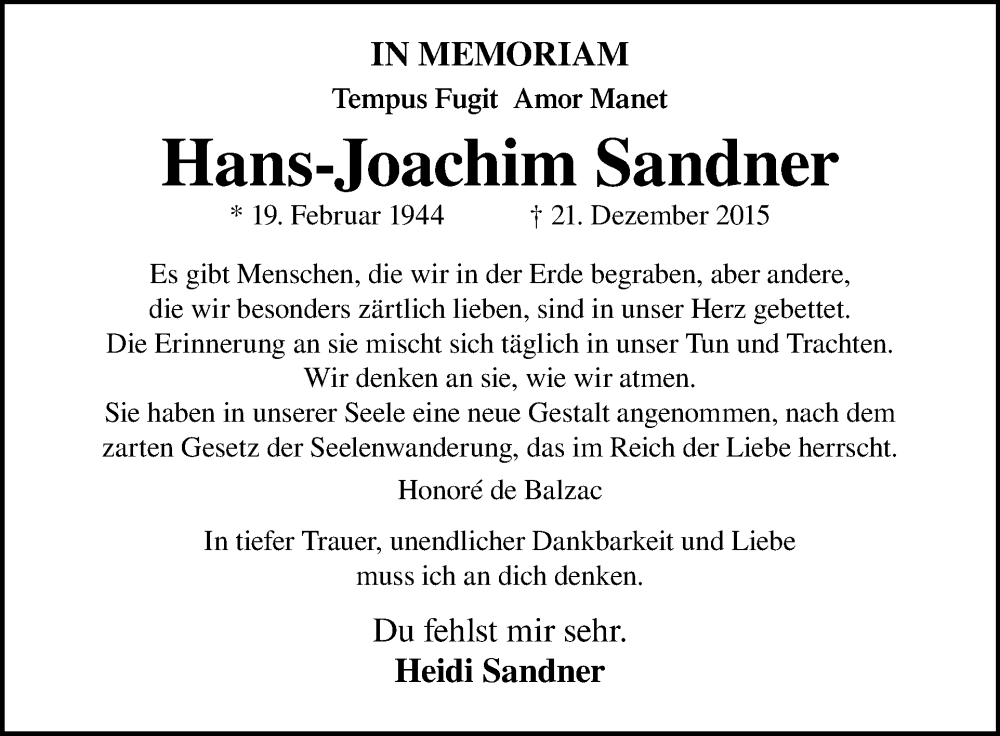  Traueranzeige für Hans-Joachim Sandner vom 21.12.2022 aus Tagesspiegel