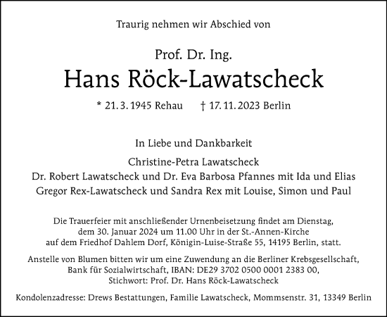 Traueranzeige von Hans Röck-Lawatscheck von Tagesspiegel