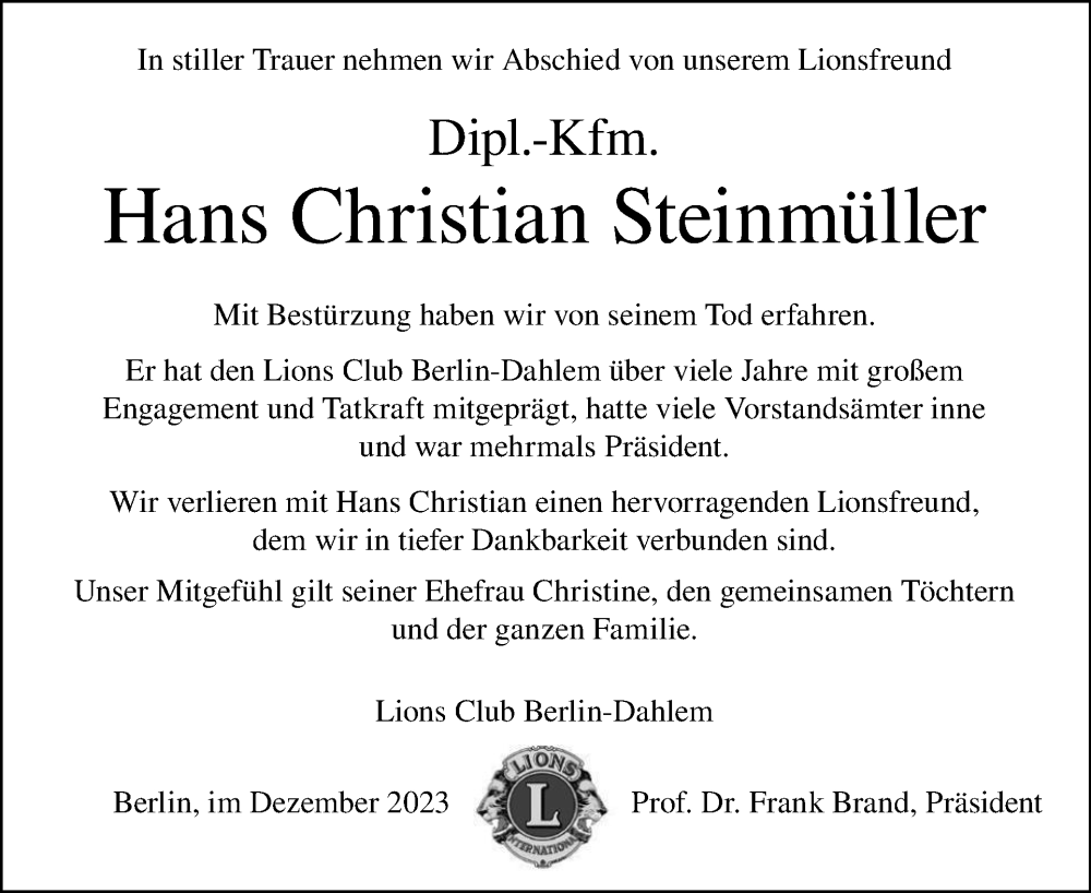  Traueranzeige für Hans Christian Steinmüller vom 24.12.2023 aus Tagesspiegel