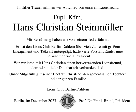 Traueranzeige von Hans Christian Steinmüller von Tagesspiegel