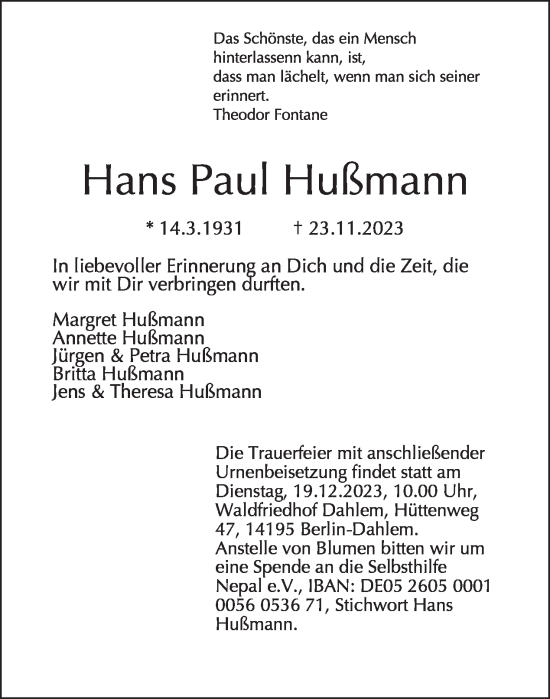 Traueranzeige von Hans Paul Hußmann von Tagesspiegel