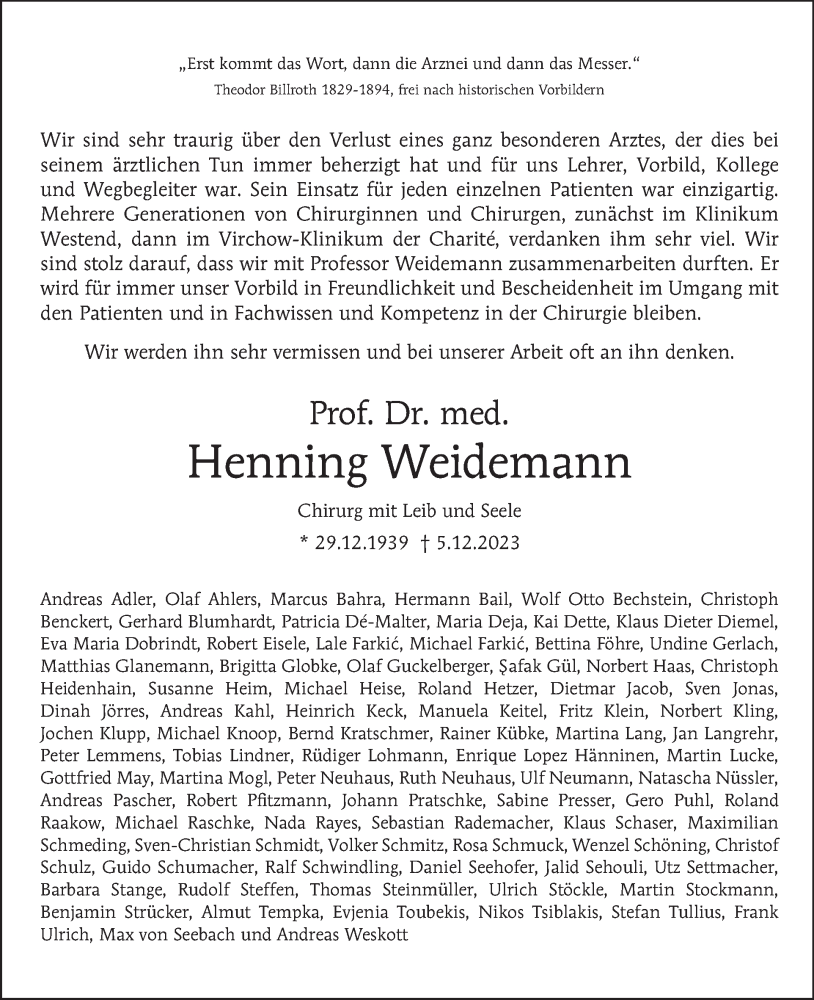  Traueranzeige für Henning Weidemann vom 17.12.2023 aus Tagesspiegel