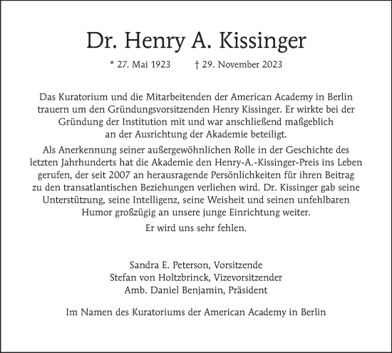 Traueranzeige von Henry A. Kissinger von Tagesspiegel