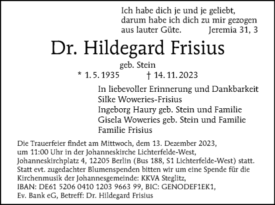 Traueranzeige von Hildegard Frisius von Tagesspiegel