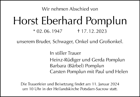 Traueranzeige von Horst Eberhard Pomplun von Tagesspiegel