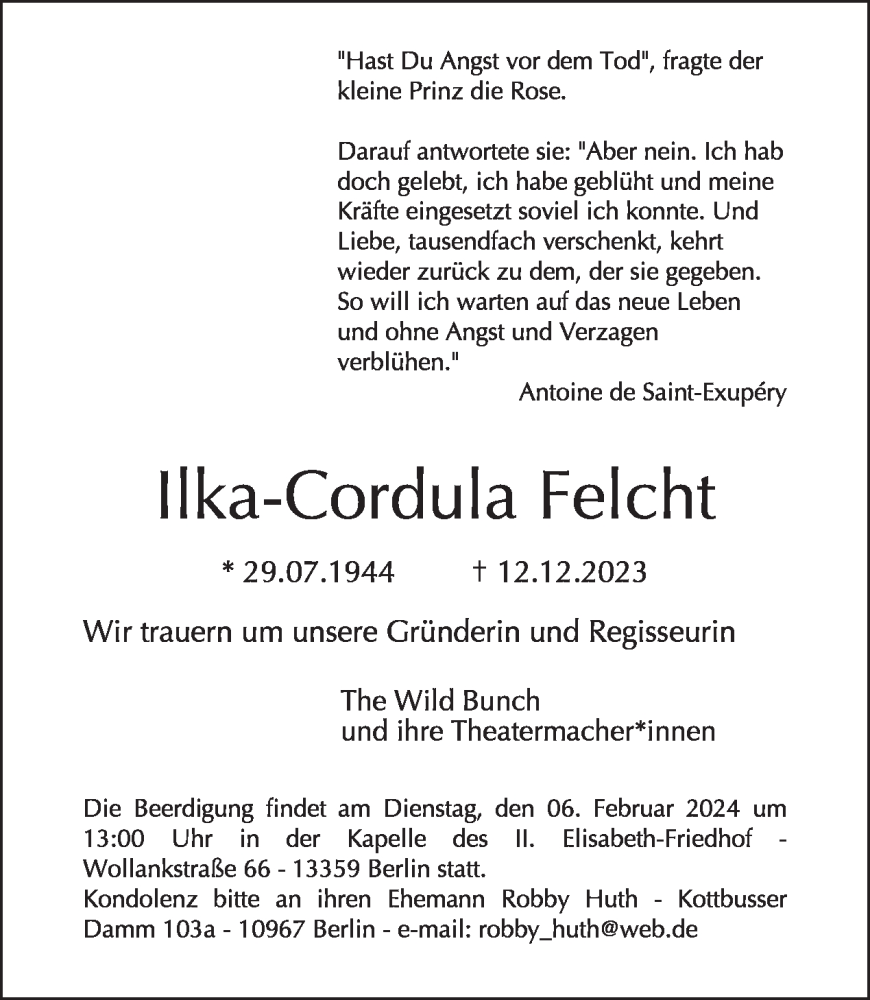  Traueranzeige für Ilka-Cordula Felcht vom 24.12.2023 aus Tagesspiegel