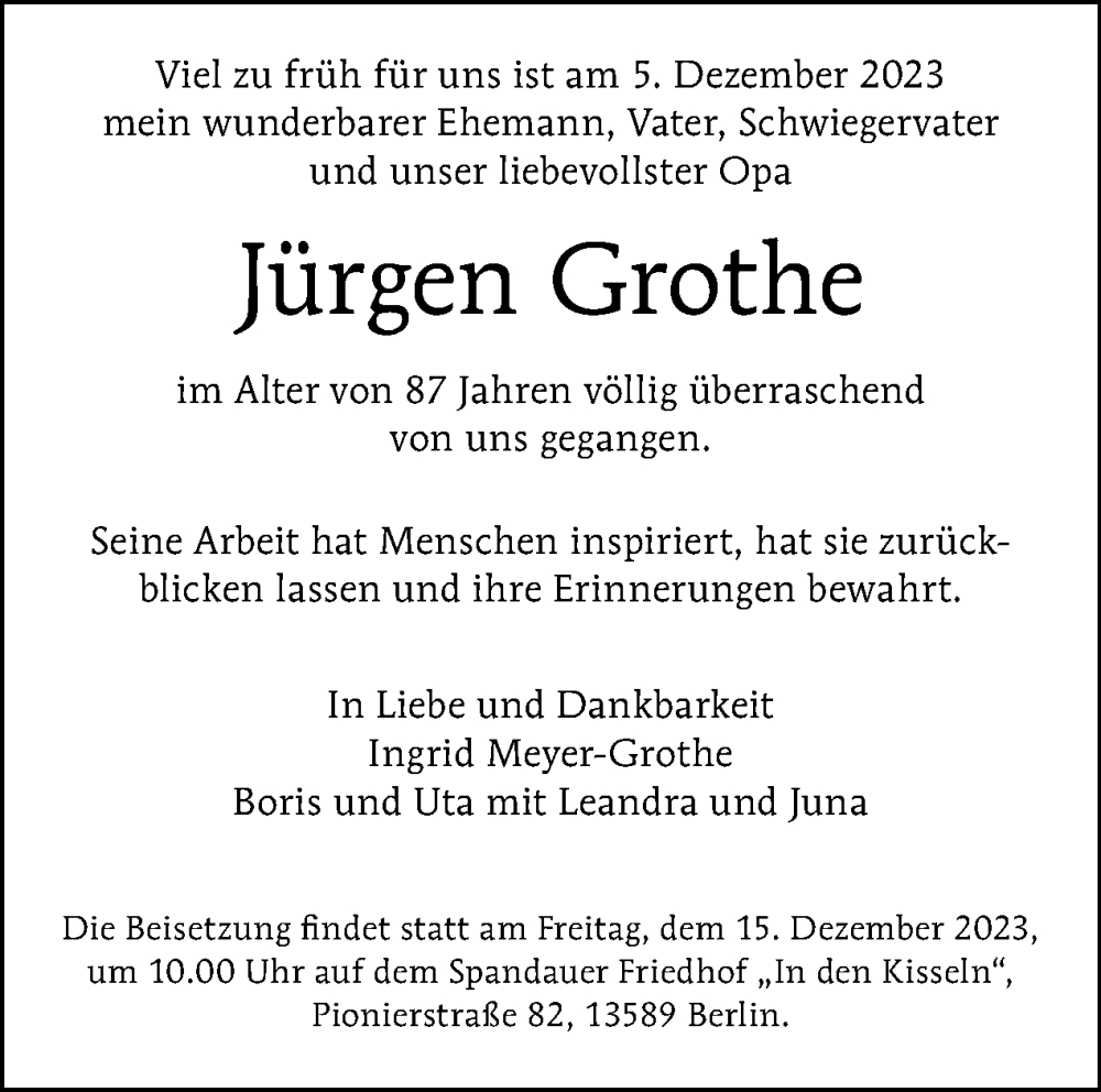  Traueranzeige für Jürgen Grothe vom 10.12.2023 aus Tagesspiegel