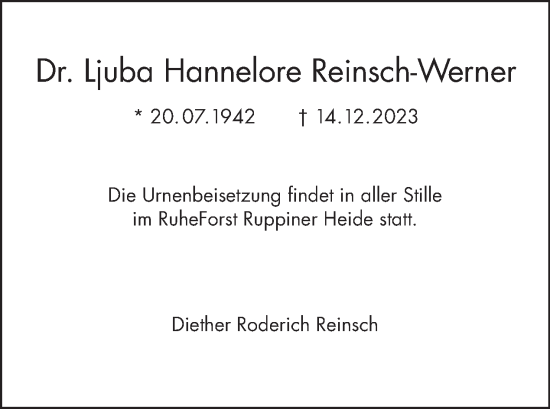 Traueranzeige von Ljuba Hannelore Reinsch-Werner von Tagesspiegel