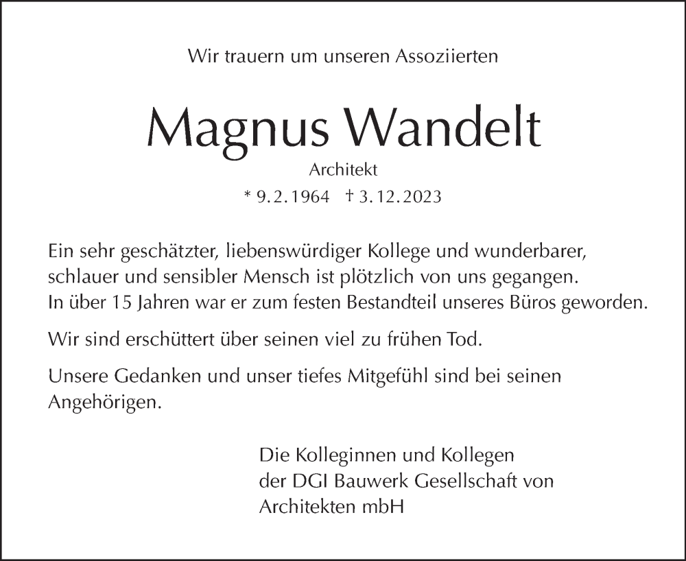  Traueranzeige für Magnus Wandelt vom 10.12.2023 aus Tagesspiegel